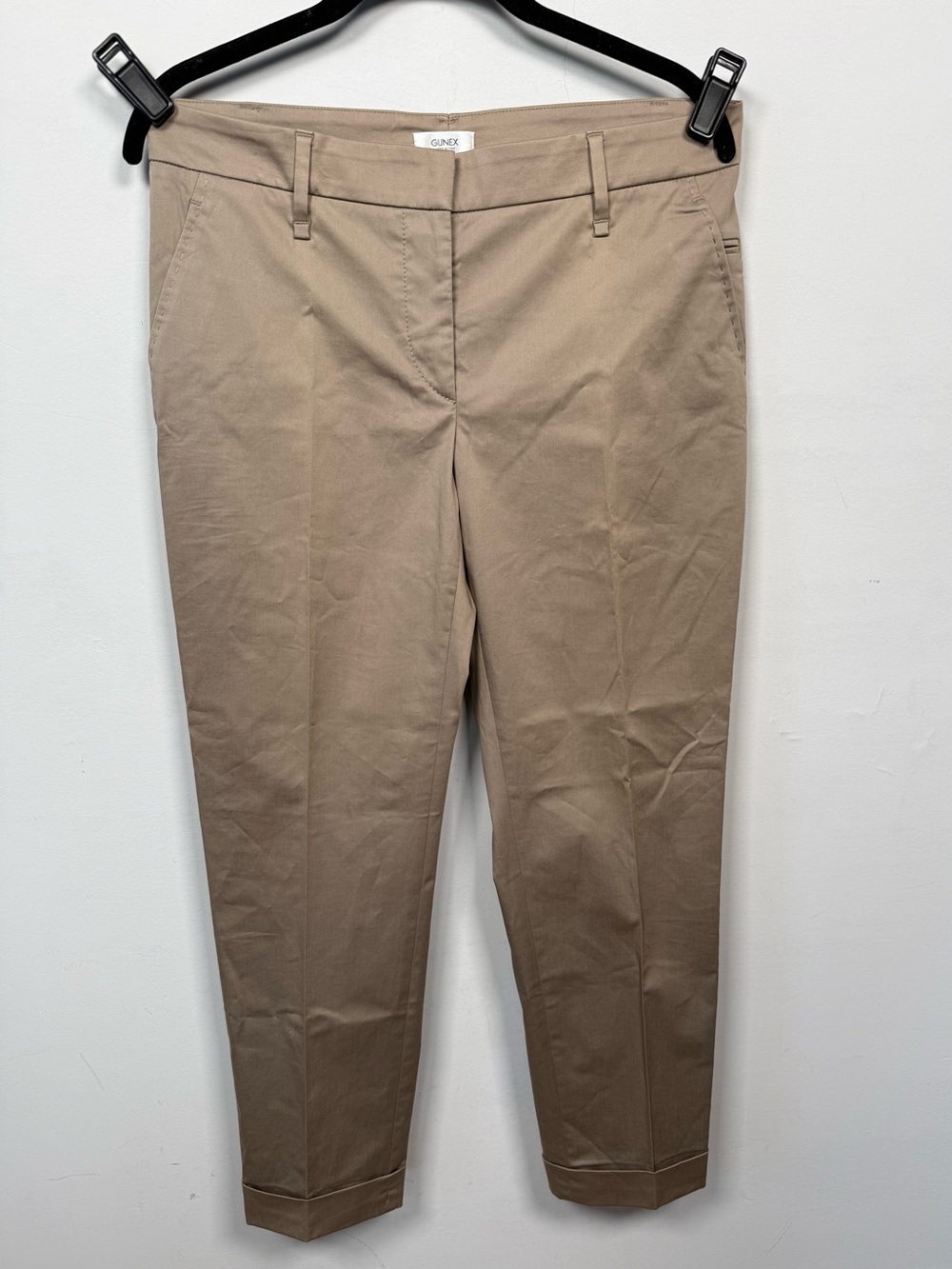 GUNEX Italy Beige Cropped Chino Trousers Cuffed Hem Sz US 8 IT 44 Luxury